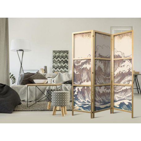 Japanilainen sermi - Turbulent Ocean - High Waves in Brown and Navy on a Beige Background in Vintage Style