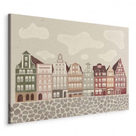 Taulu - Salt Square - Colorful Illustrated Townhouses Against a Cloudy Sky Background