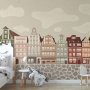 Fototapetti - Salt Square - Colorful Illustrated Townhouses Against a Cloudy Sky Background