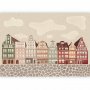 Fototapetti - Salt Square - Colorful Illustrated Townhouses Against a Cloudy Sky Background