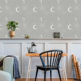 Tapetti - Cosmic Fireworks - Elegant pattern with moons and stars on a gray background