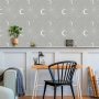 Tapetti - Cosmic Fireworks - Elegant pattern with moons and stars on a gray background