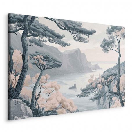 Taulu - Mountainous Coast with Trees and Rocks in Light Pastel Blues