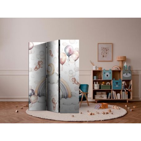 Sermi - Plush Bears with Balloons - Flying Light-Brown Bears Among Balloons - Clouds - and Rainbows in Subdued - Pastel 