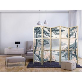 Japanilainen sermi - Mountainous Coastline with Trees and Rocks in Light Pastel Blues