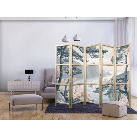 Japanilainen sermi - Mountainous Coastline with Trees and Rocks in Light Pastel Blues