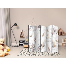 Sermi - Plush Bears with Balloons - Flying Light-Brown Bears Among Balloons - Clouds - and Rainbows in Subdued - Pastel 