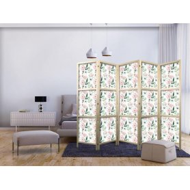 Japanilainen sermi - Peonies - Pink and White Flowers and Green Leaves on a White Background