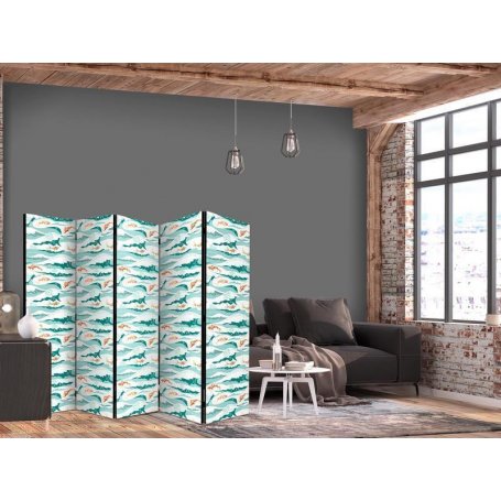 Sermi - Fish Jumping Above The Waves - Oriental Fish And Water Lilies Among High Waves in Shades of Sea Green