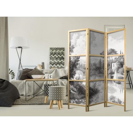 Japanilainen sermi - Black and White Vintage Landscape - Retro View of a Pond with a Boat