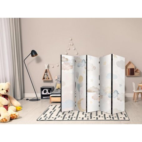 Sermi - Fairy-Tale Moon - Moon with Balloons Among Clouds and Stars in Subdued Colors on a Light Beige Background