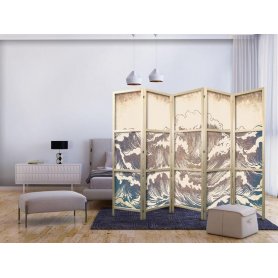 Japanilainen sermi - Turbulent Ocean - High Waves in Brown And Navy Colors on a Beige Background in Vintage Style