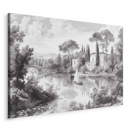Taulu - Black and White Vintage Landscape Retro View of a Pond with a Boat