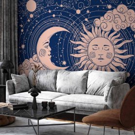 Fototapetti - Cosmic Harmony - Illustration of the Sun and Moon on a Navy Background