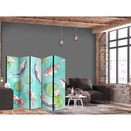 Sermi - Spectacular Koi Fish - White-Orange Koi Fish Swimming in Crystal Clear Water With Water Lilies