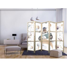 Japanilainen sermi - Galactic Races - Bear participating in car races among planets - clouds - and stars in pastel color