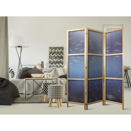 Japanilainen sermi - School of Small Fish - Illuminated Oceanic Depth in Shades of Navy Purple and Gray with a School of