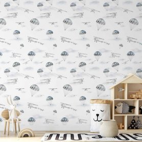 Tapetti - Watercolor - Airplane show on a bright sky with delicate clouds