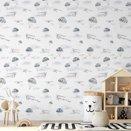 Tapetti - Watercolor - Airplane show on a bright sky with delicate clouds