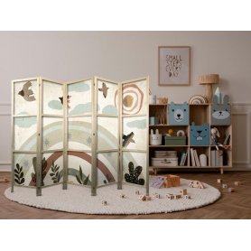 Japanilainen sermi - Sun Above the Rainbow - Birds in subdued colors - flying among clouds above a rainbow and vegetatio