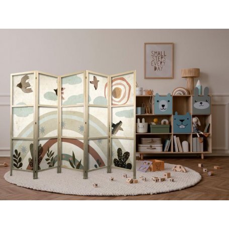 Japanilainen sermi - Sun Above the Rainbow - Birds in subdued colors - flying among clouds above a rainbow and vegetatio