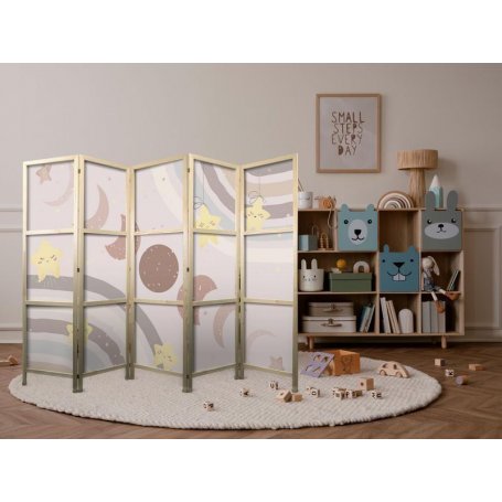 Japanilainen sermi - Joyful Sky - Yellow cheerful stars with a rainbow against the moon phases - in the sky colored ligh