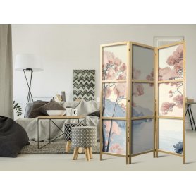 Japanilainen sermi - Landscape with the Ocean - Cliffs - and Trees in Delicate Pink Shades