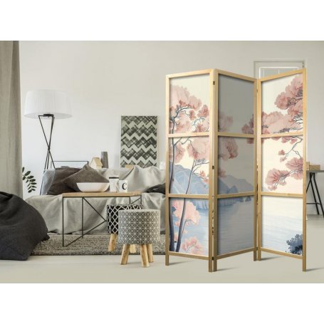 Japanilainen sermi - Landscape with the Ocean - Cliffs - and Trees in Delicate Pink Shades