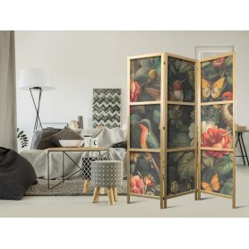 Japanilainen sermi - In the Botanical Garden - Flowers Birds and Butterflies - Colorful Illustration