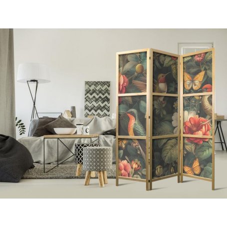 Japanilainen sermi - In the Botanical Garden - Flowers Birds and Butterflies - Colorful Illustration