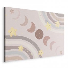 Taulu - Joyful Sky - Yellow Cheerful Stars with a Rainbow Against the Phases of the Moon in a Light Beige Sky Hue