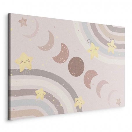 Taulu - Joyful Sky - Yellow Cheerful Stars with a Rainbow Against the Phases of the Moon in a Light Beige Sky Hue