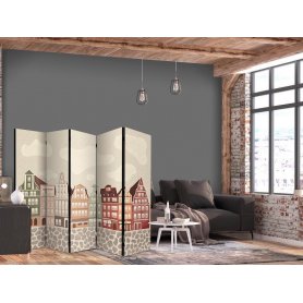 Sermi - Salt Square - Colorful Illustrated Townhouses Against a Sky with Clouds Background