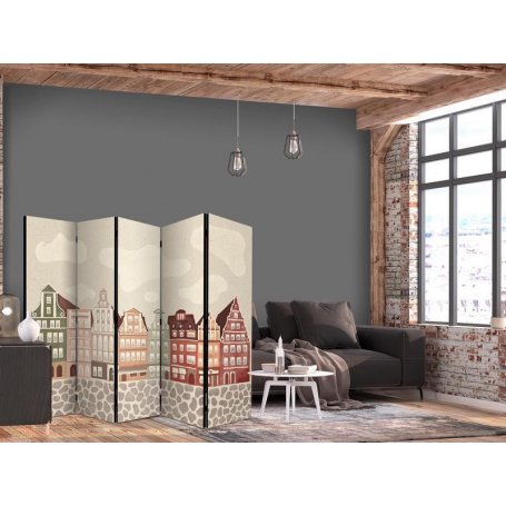 Sermi - Salt Square - Colorful Illustrated Townhouses Against a Sky with Clouds Background