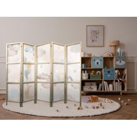 Japanilainen sermi - Fairy-Tale Moon - Moon with balloons among clouds and stars in subdued colors on a light beige back