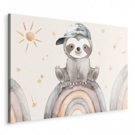 Taulu - Happy Sloth - Sloth in Subdued Colors Wearing a Cap Sitting on a Rainbow Among Little Stars
