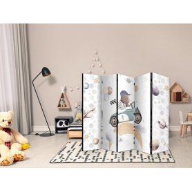 Sermi - Galactic Races - Bear Participating in Car Races Among Planets - Clouds - and Stars in Pastel Hues