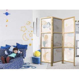 Japanilainen sermi - Fairy-Tale Moon - Moon with Balloons Among Clouds and Stars in Subdued Colors on a Light Beige Back