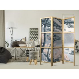 Japanilainen sermi - Mountainous Coastline with Trees and Rocks in Light Pastel Blues