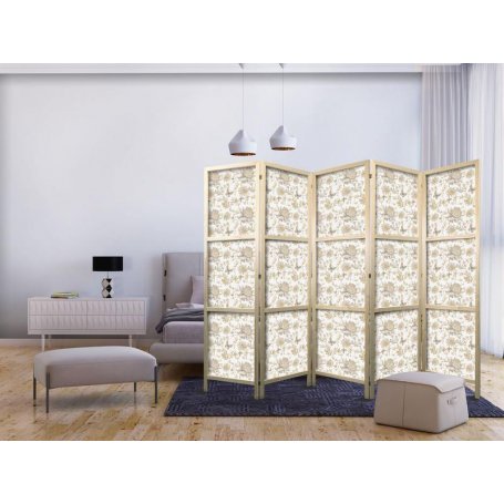 Japanilainen sermi - Beige Shades of Nature - Flowers and Butterflies on a White Background - Illustration