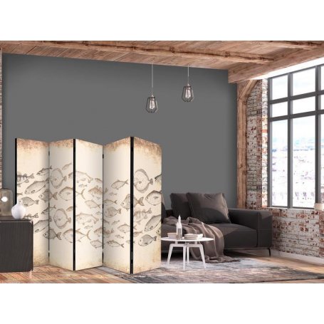 Sermi - Sketch of a Fish School - Sketches of Various Fish Species Swimming in a School on a Beige Background in Vintage