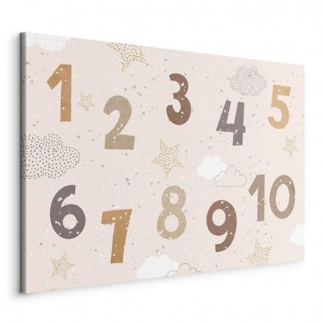 Taulu - Jumping Numbers - Numbers in a Subdued Beige-Brown Hue Among Snowflakes Stars and Clouds