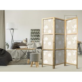 Japanilainen sermi - Fish and Water Lilies - Light Oriental Fish Swimming Among Water Flowers on a Delicate Sand-Beige B