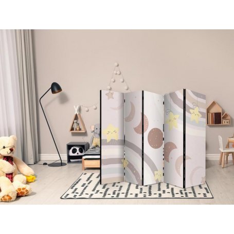 Sermi - Joyful Sky - Yellow Cheerful Stars with a Rainbow Against the Phases of the Moon - in the Sky Colored Light Beig