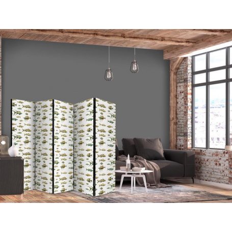 Sermi - Unusual Species of Fish - a Cluster of Fish in Muted Colors in Retro Style Against a Background of Beige Streaks