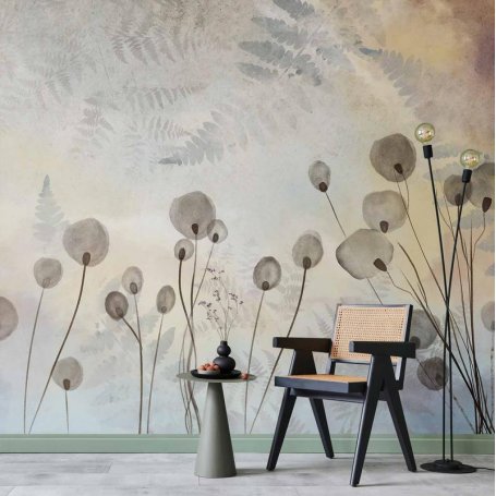 Fototapetti - Minimalist meadow - floral motif in light shades with reflections