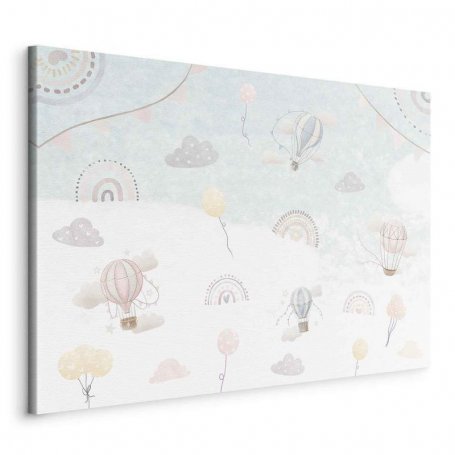 Taulu - Sky with Balloons - Balloons in Subdued Colors Flying in the Sky Among Clouds Rainbows and Stars