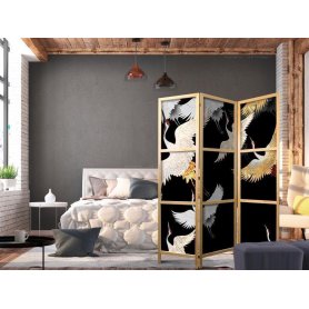 Japanilainen sermi - Cranes at Night - White and Gold Birds Flying Away on a Black Background