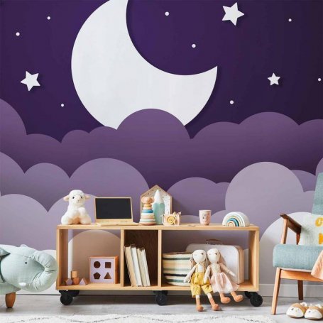 Fototapetti - Moon dream - clouds in a purple sky with stars for children