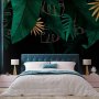 Fototapetti - Jungle and composition - motif of green and golden leaves on a black background